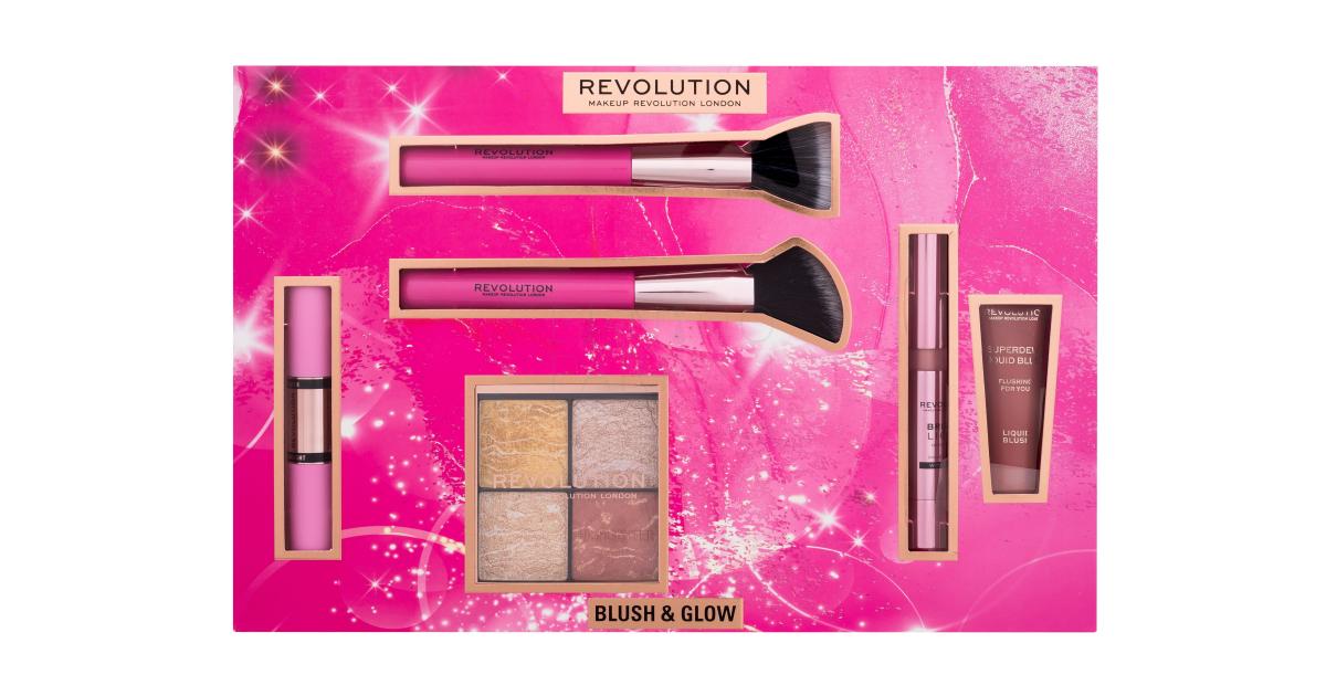 Makeup Revolution London Blush & Glow Gift Set Zestaw paletka  rozświetlająca Highlighter Quad 9,6 g Make It Count + rozjaśniacz Bright  Light Highlighter 3 ml Divine Dark Pink + pędzel kosmetyczny 2