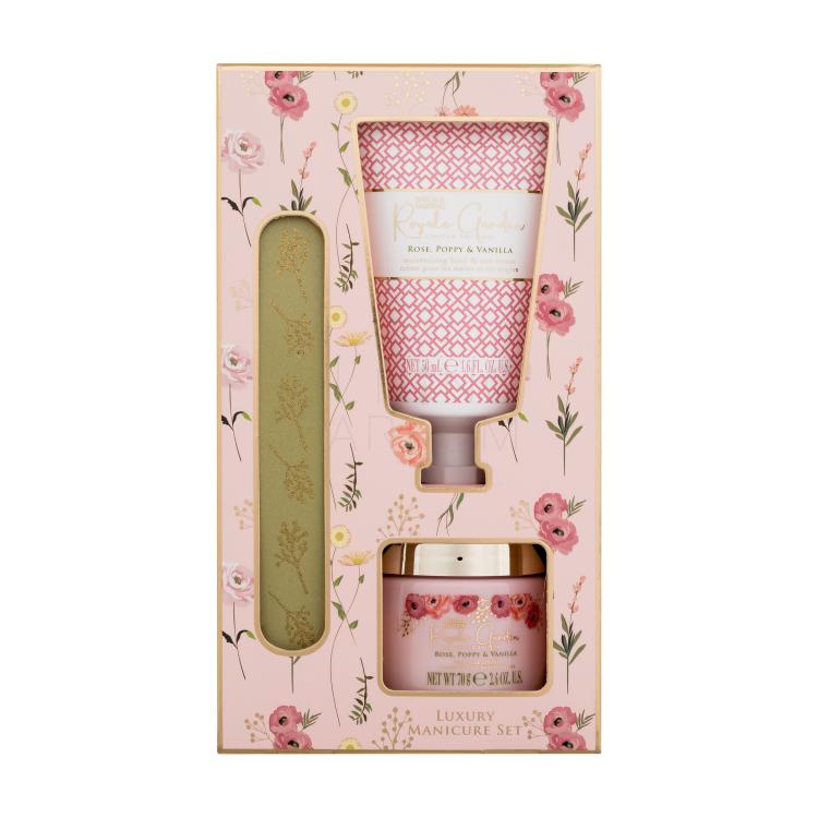 Baylis &amp; Harding Royale Garden Luxury Manicure Set Zestaw Krem do rąk Royale Garden Rose, Poppy &amp; Vanilla 50 ml + Sól mineralna Royale Garden Rose, Poppy &amp; Vanilla 70 g + Pilniczek