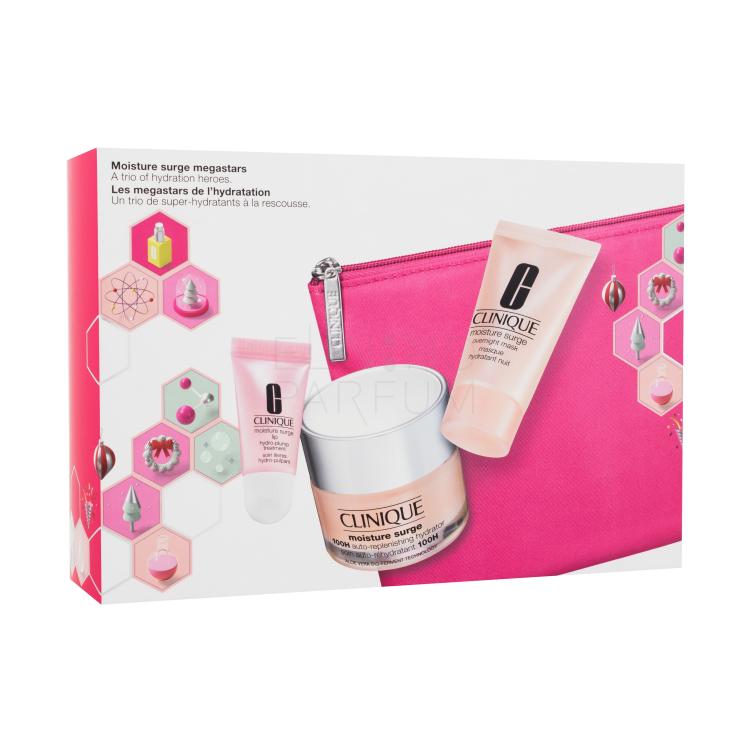 Clinique Moisture Surge Megastars Zestaw Krem nawilżający Moisture Surge 100H Auto-Replenishing Hydrator 50 ml + Nawilżająca maska na noc Moisture Surge Overnight Mask 30 ml + Balsam do ust Moisture Surge Lip Hydro-Plump Treatment 7 ml