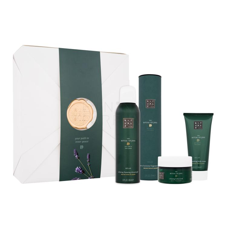 Rituals The Ritual Of Jing 4 Calming Bestsellers Zestaw Pianka pod prysznic 200 ml + peeling do ciała 125 g + krem do ciała 100 ml + patyczki zapachowe 70 ml Uszkodzone pudełko