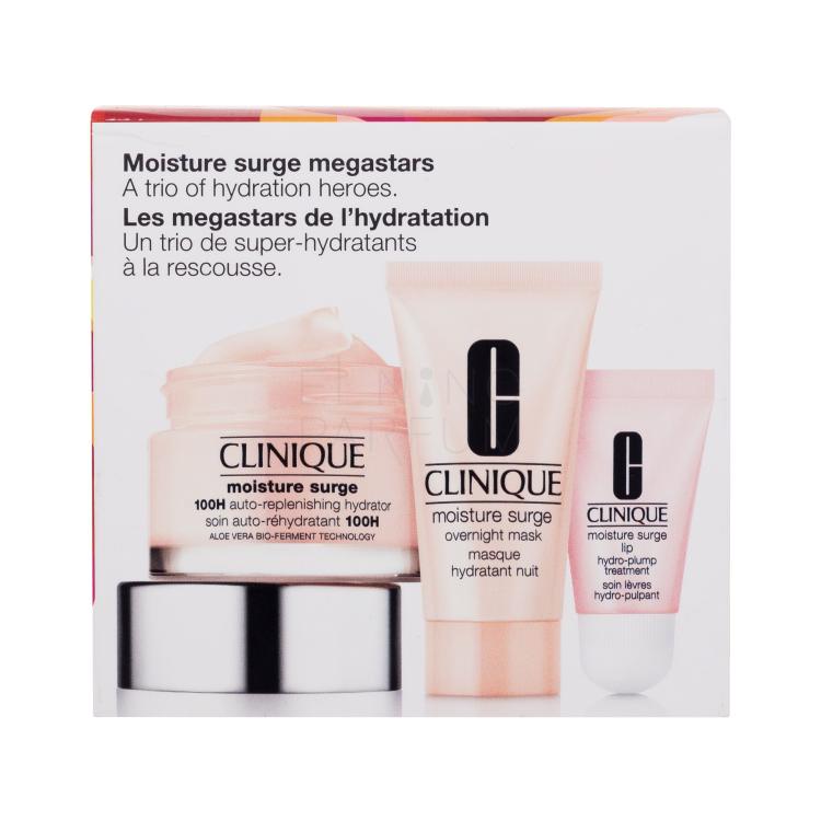 Clinique Moisture Surge Megastars Zestaw Krem do ciała na dzień Moisture Surge 100H Auto-Replenishing Hydrator 50 ml + maseczka do twarzy na noc Moisture Surge Overnight Mask 30 ml + balsam do ust Moisture Surge Lip Hydro-Plump Treatment 7 ml