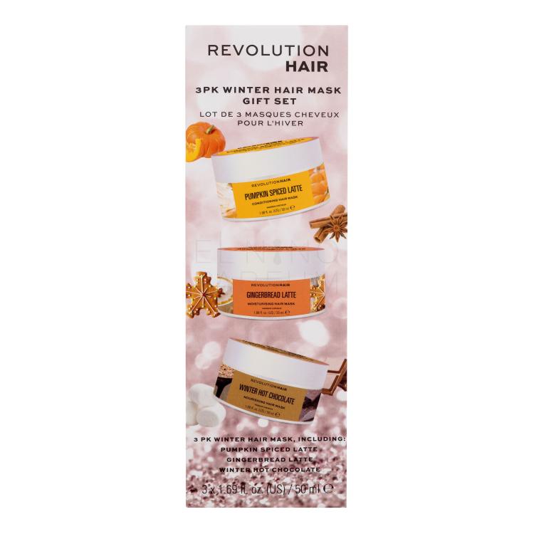 Revolution Haircare London Winter Hair Mask Gift Set Zestaw maska do włosów Pumpkin Spiced Latte Conditioning Hair Mask 50 ml+ maska do włosów Gingerbead Latte Moisturising Hair Mask 50 ml+ maska do włosów Winter Hot Chocolate Nourishing Hair Mask 50 ml