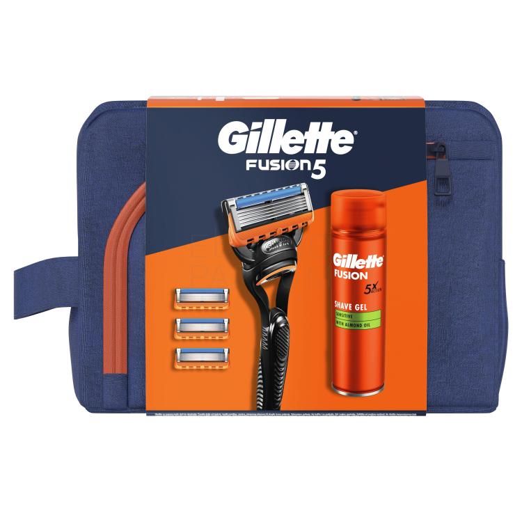 Gillette Fusion5 Zestaw maszynka do golenia Fusion5 1 sztuka + wymienne głowice Fusion5 3 sztuki + żel do golenia Fusion Shave Gel Sensitive 200 ml + kosmetyczka