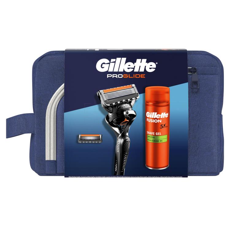 Gillette ProGlide Zestaw maszynka do golenia Proglide 1 sztuka + wymienna głowica Proglide 1 sztuka + żel do golenia Fusion Shave Gel Sensitive 200 ml + kosmetyczka