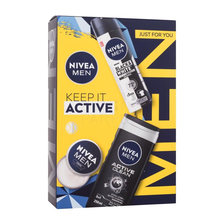 Nivea Men Keep It Active Zestaw krem do twarzy, ciała i rąk Men Creme 30 ml + antyperspirant Men Invisible Black &amp; White Original 150 ml + żel pod prysznic Men Active Clean 250 ml