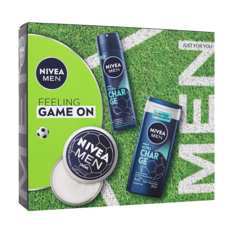 Nivea Men Feeling Game On Zestaw krem do twarzy, ciała i rąk Men Creme 150 ml + antyperspirant Men Ultra Charge 150 ml + żel pod prysznic Men Ultra Charge 250 ml