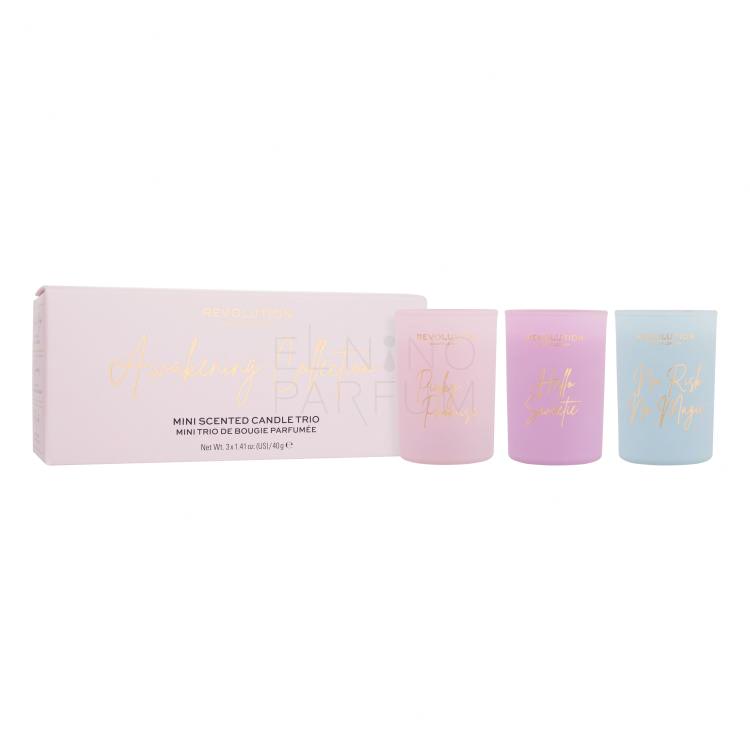 Revolution Home Awakening Collection Mini Scented Candle Trio Zestaw świeczka zapachowa No Risk No Magic 40 g + świeczka zapachowa Pinky Promise 40 g + świeczka zapachowa Hello Sweetie 40 g