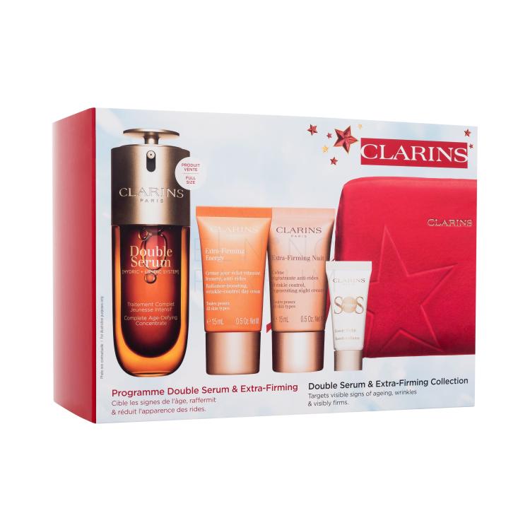 Clarins Double Serum &amp; Extra-Firming Collection Zestaw serum do twarzy Double Serum 50 ml + krem do twarzy na dzień Extra-Firming Energy 15 ml + krem do twarzy na noc Extra-Firming Nuit 15 ml + baza pod makijaż SOS Primer 5 ml + czerwona kosmetyczka