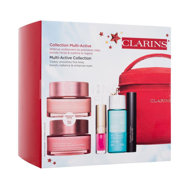 Clarins Multi-Active Collection Zestaw krem do twarzy na dzień Multi-Active Jour 50 ml + krem do twarzy na noc Multi-Active Nuit 50 ml + olejek do ust Lip Comfort Oil 1,4 ml 04 Pitaya + preparat do demakijażu oczu Instant Eye Make-Up Remover 30 ml + maskara Wonder Perfect Mascara 4D 3 ml 01 Perfect 