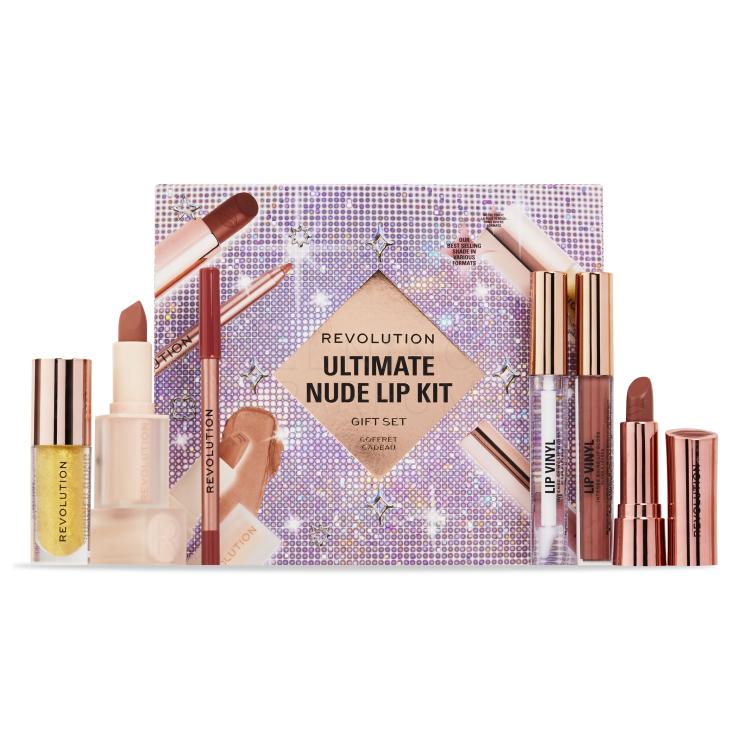 Makeup Revolution London Ultimate Nude Lip Kit Zestaw pomadka Satin Kiss 3,2 g Chauffeur Nude + pomadka Lip Allure Soft Satin 3,2 g Chauffeur Nude + błyszczyk Vinyl Lipgloss 2,5 ml Chauffeur Nude + błyszczyk Vinyl Lipgloss 2,5 ml Clear + błyszczyk Shimmer Bomb 4,5 ml Light Catcher + konturówka do us