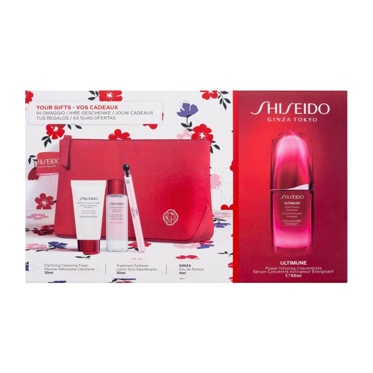 Shiseido Ultimune Power Infusing Concentrate Zestaw serum do twarzy Ultimune Power Infusing Concentrate 50 ml + pianka oczyszczająca Clarifying Cleansing Foam 30 ml + tonik do twarzy Treatment Softener 30 ml + woda perfumowana 4 ml + kosmetyczka