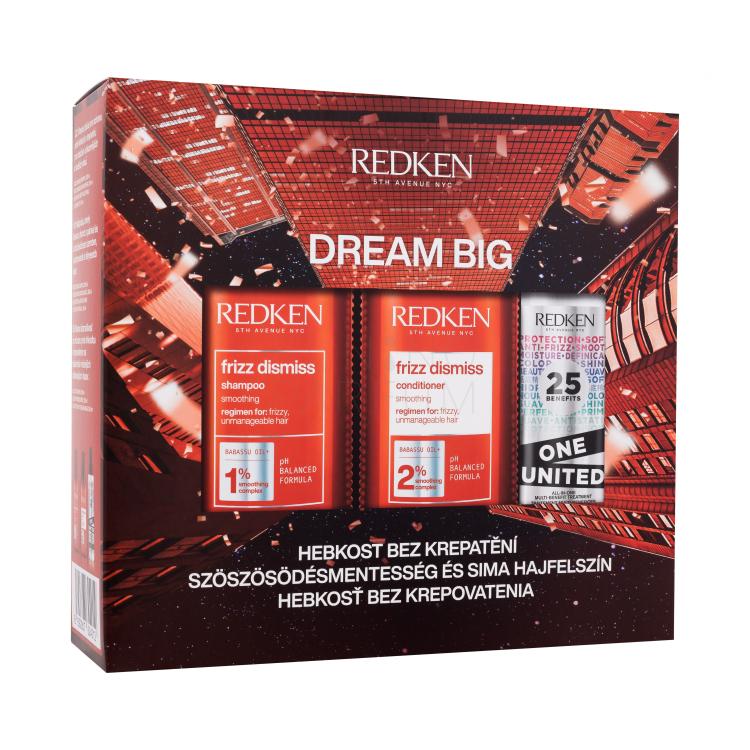 Redken Frizz Dismiss Dream Big Zestaw szampon Frizz Dismiss 300 ml + odżywka Frizz Dismiss 300 ml + kuracja do włosów One United All-In-One Multi-Benefit Treatment 150 ml Uszkodzone pudełko