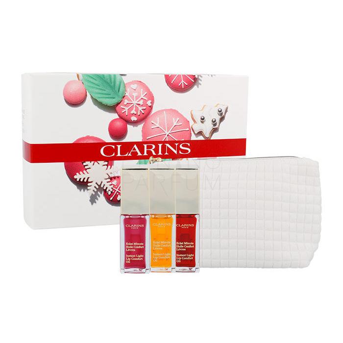 Clarins Instant Light Lip Comfort Oil Trio Zestaw Lip care 7ml + Lip care 7ml 02 Raspberry +  Lip care 7ml 03 Cherry + Cosmetic bag