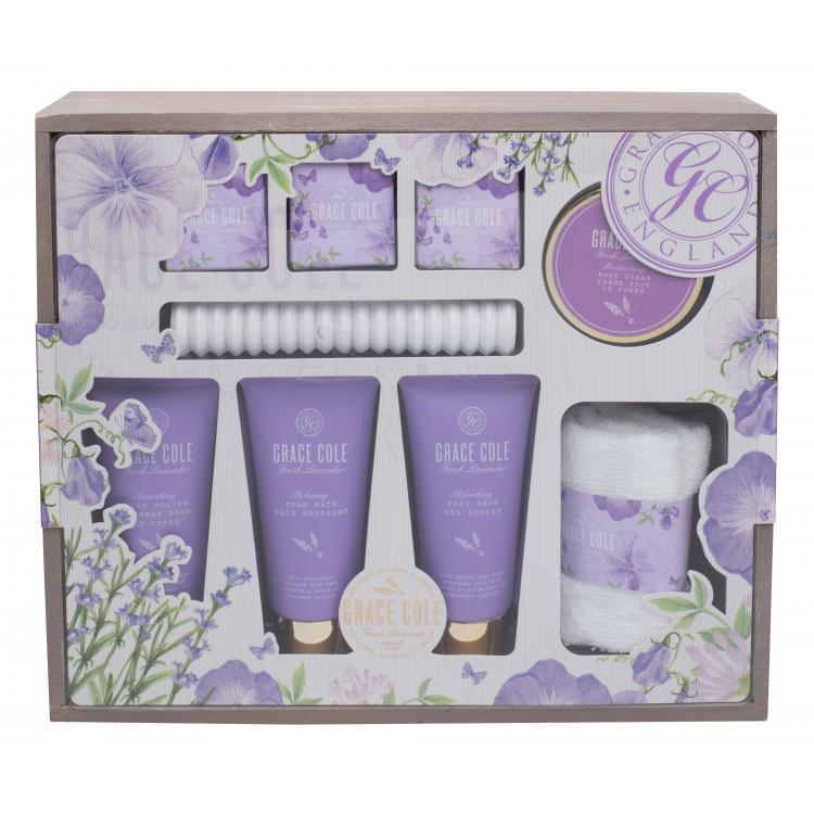 Grace Cole Fresh Lavender Zestaw Piana do kąpieli 100 ml + Żel pod prysznic 100 ml + Peeling do ciała 100 ml + Krem do ciała 100 ml + Tabletka musująca do kąpieli 3 x 80 g + Ręcznik + Przyrząd do masażu